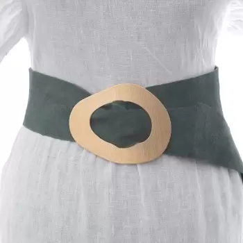 Curea verde inchis din piele intoarsa naturala cu latime de 8 cm, catarama aurie neregulata imagine