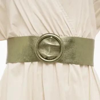 Curea verde metalizat din piele naturala cu latime de 7 cm, catarama rotunda imbracata in piele imagine