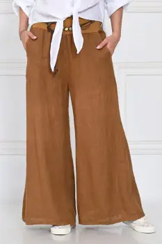Fusta pantalon camel inchis, casual, din in, cu o curea fancy imagine