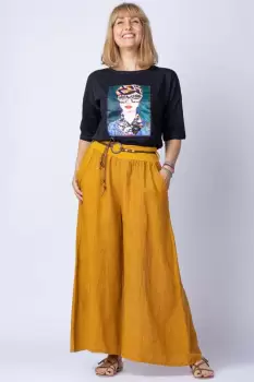 Fusta pantalon casual, mustar, din in, cu o curea fancy imagine