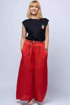 Fusta pantalon rosie casual, din in, cu o curea fancy imagine