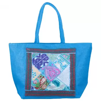 Geanta albastra din material textil natural tip sac, cu aplicatie unicat, brodata manual imagine