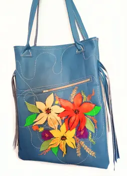 Geanta albastra handmade  din piele naturala ,cu flori 3D  pictate,unicat imagine