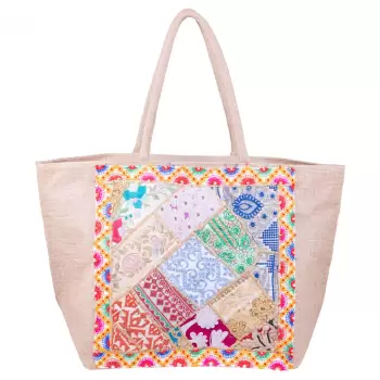 Geanta bej din material textil natural tip sac, cu aplicatie unicat, brodata manual imagine