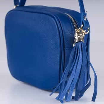 Geanta crossbody albastru electric din piele naturala, cu ciucure din piele imagine