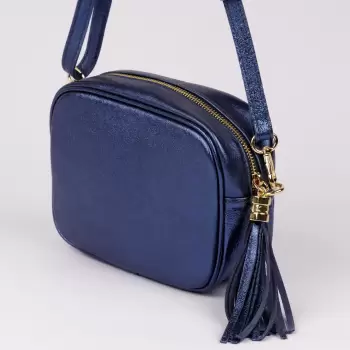 Geanta crossbody albastru metalizat din piele naturala, cu ciucure din piele imagine