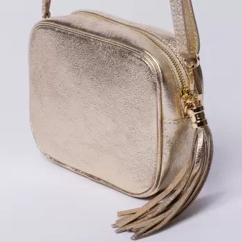Geanta crossbody aurie din piele naturala, cu ciucure din piele imagine