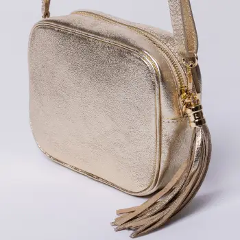 Geanta crossbody aurie inchis din piele naturala, cu ciucure din piele imagine