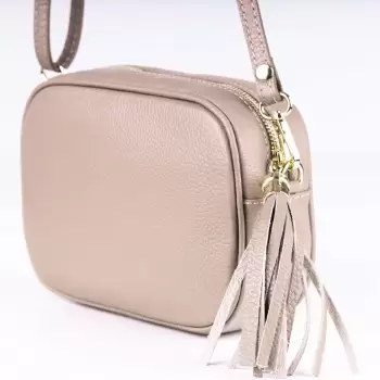 Geanta crossbody bej din piele naturala, cu ciucure din piele imagine