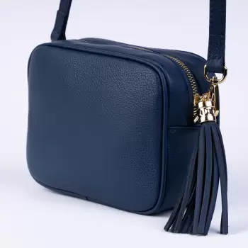 Geanta crossbody bleumarin din piele naturala, cu ciucure din piele imagine