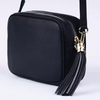 Geanta crossbody bleumarin inchis din piele naturala, cu ciucure din piele imagine