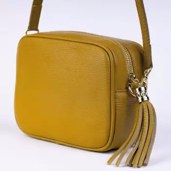 Geanta crossbody galben mustar din piele naturala, cu ciucure din piele imagine