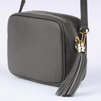 Geanta crossbody gri inchis din piele naturala, cu ciucure din piele imagine