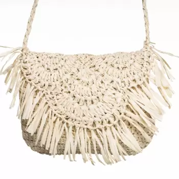 Geanta crossbody mica impletita cu franjuri decorativi pe capac, bej deschis imagine