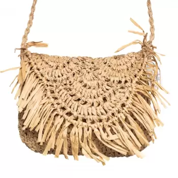 Geanta crossbody mica impletita cu franjuri decorativi pe capac, bej inchis imagine
