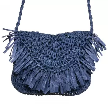 Geanta crossbody mica impletita cu franjuri decorativi pe capac, bleumarin imagine