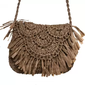 Geanta crossbody mica impletita cu franjuri decorativi pe capac, maron imagine