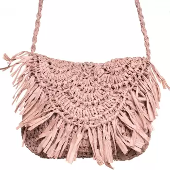 Geanta crossbody mica impletita cu franjuri decorativi pe capac, roz prafuit imagine