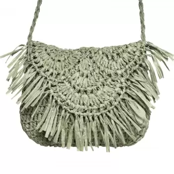 Geanta crossbody mica impletita cu franjuri decorativi pe capac, verde prafuit imagine