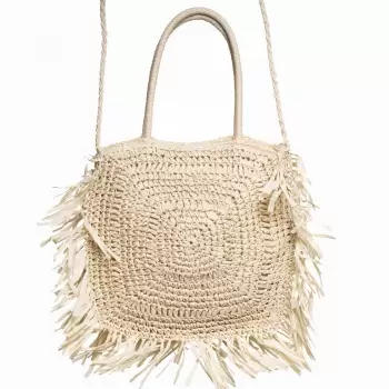 Geanta crossbody patrata mare, impletita cu franjuri mari decorative, bej deschis imagine