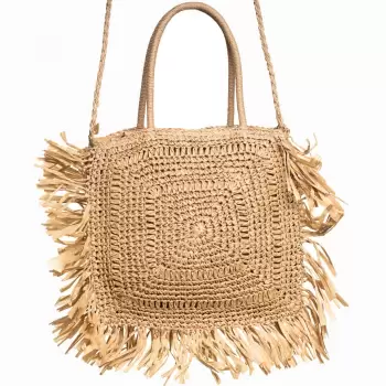Geanta crossbody patrata mare, impletita cu franjuri mari decorative, bej inchis imagine