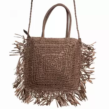 Geanta crossbody patrata mare, impletita cu franjuri mari decorative, maro imagine