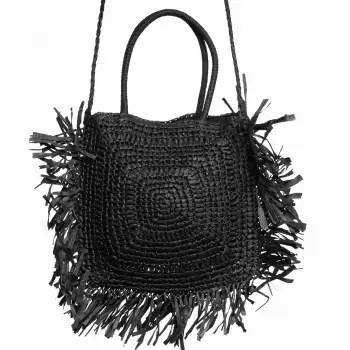 Geanta crossbody patrata mare, impletita cu franjuri mari decorative, neagra imagine