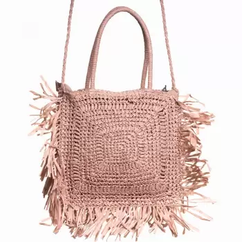 Geanta crossbody patrata mare, impletita cu franjuri mari decorative, roz prafuit imagine