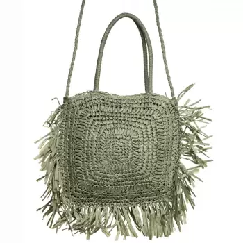Geanta crossbody patrata mare, impletita cu franjuri mari decorative, verde prafuit imagine