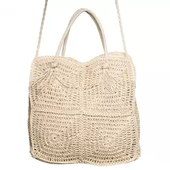 Geanta crossbody patrata mare, impletita cu noduri decorative, bej deschis imagine