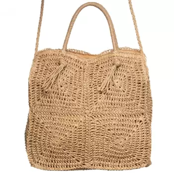 Geanta crossbody patrata mare, impletita cu noduri decorative, bej inchis imagine
