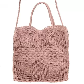 Geanta crossbody patrata mare, impletita cu noduri decorative, roz prafuit imagine