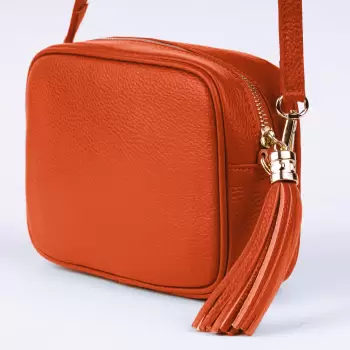 Geanta crossbody portocalie din piele naturala, cu ciucure din piele imagine