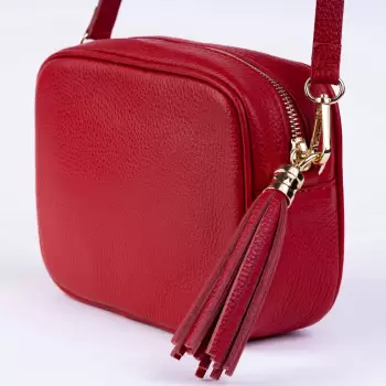 Geanta crossbody rosie din piele naturala, cu ciucure din piele imagine