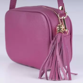 Geanta crossbody roz din piele naturala, cu ciucure din piele imagine