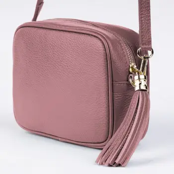 Geanta crossbody roz inchis din piele naturala, cu ciucure din piele imagine
