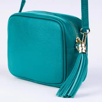 Geanta crossbody turcoaz din piele naturala, cu ciucure din piele imagine