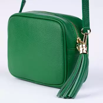 Geanta crossbody verde din piele naturala, cu ciucure din piele imagine