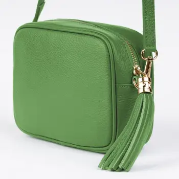 Geanta crossbody verde oliv din piele naturala, cu ciucure din piele imagine