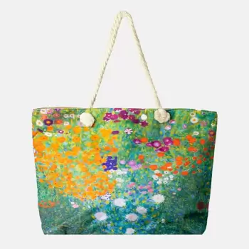 Geanta de plaja din material textil, cu imprimata cu o reproducere dupa Camp cu maci de Claude Monet imagine