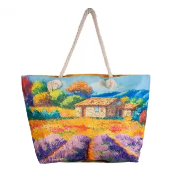 Geanta de plaja din material textil, cu imprimeu camp lavanda imagine