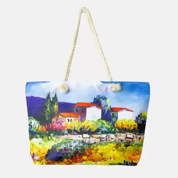 Geanta de plaja din material textil, cu imprimeu dupa o pictura cu casute si gradini imagine