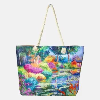 Geanta de plaja din material textil, cu imprimeu dupa o pictura cu lac si gradina imagine