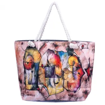 Geanta de plaja din material textil, cu imprimeu imprimeu grafic abstract pe fond roz inchis imagine