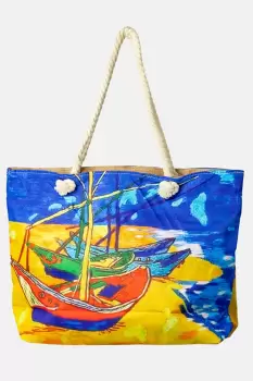 Geanta de plaja din material textil, cu imprimeu inspirat din pictura Barci pe plaja a lui Vincent Van Gogh imagine