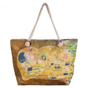 Geanta de plaja din material textil, cu imprimeu inspirat din pictura Sarutul a lui Gustav Klimt imagine