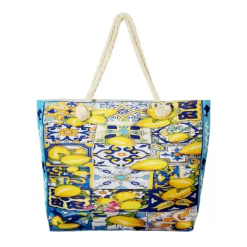 Geanta de plaja din material textil, cu imprimeu mediteranean cu lamai pe alb, galben si albastru imagine