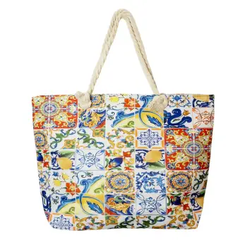Geanta de plaja din material textil, cu imprimeu model marocan cu lamai in culori vibrante imagine