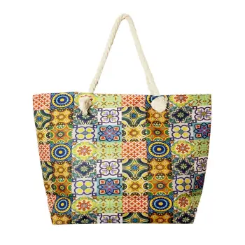 Geanta de plaja din material textil, cu imprimeu model marocan in culori vibrante imagine