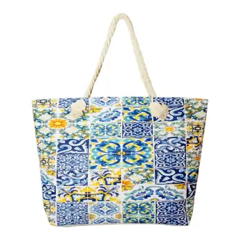 Geanta de plaja din material textil, cu imprimeu model marocan in culori vibrante predominant albastru imagine